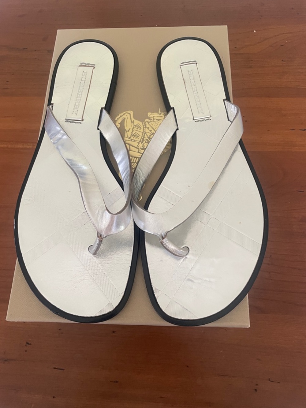 Burberry Silver Leather Thong Sandals for Women